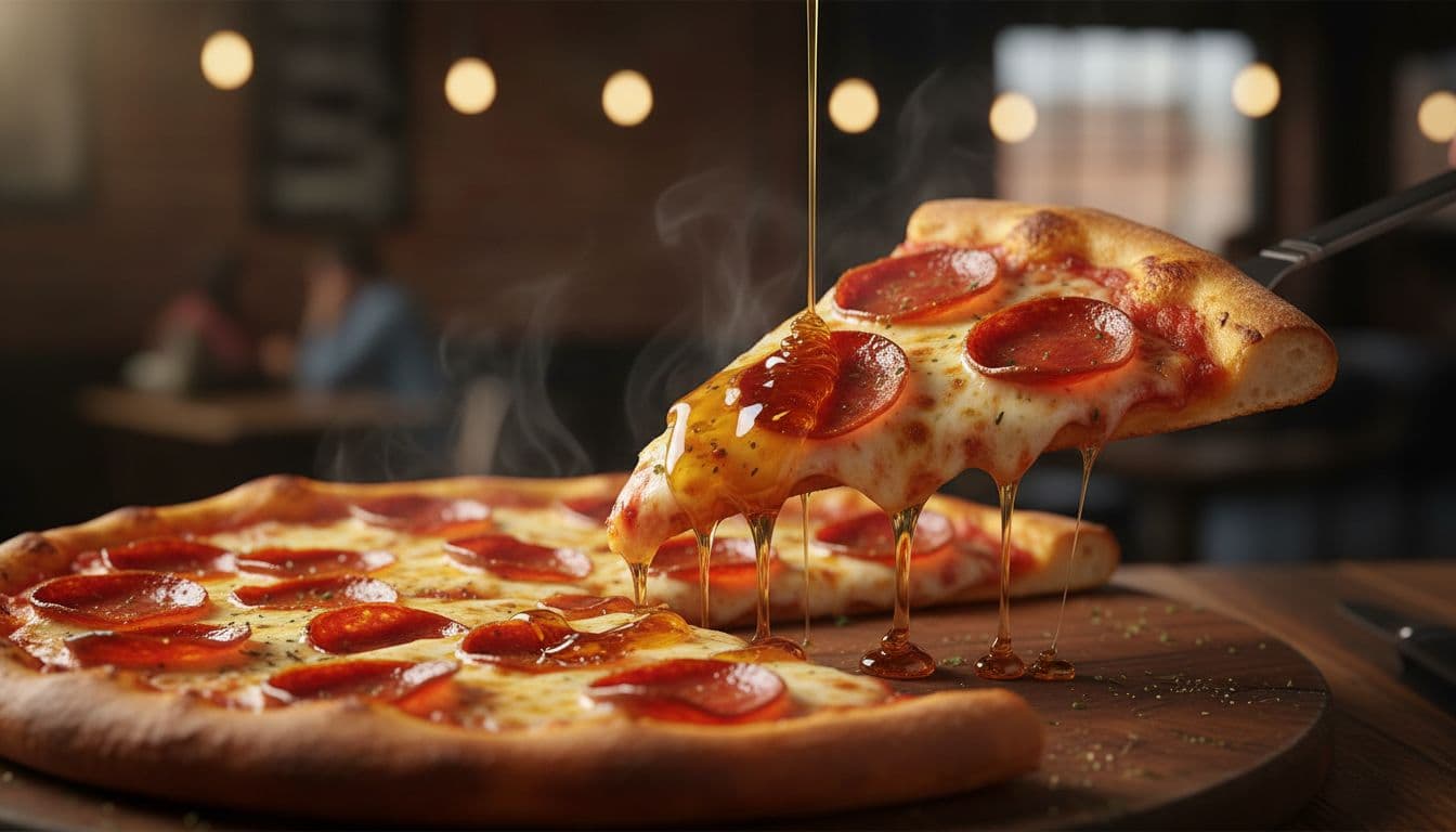 A golden stream of hot honey pours onto a slice of fresh pepperoni pizza.