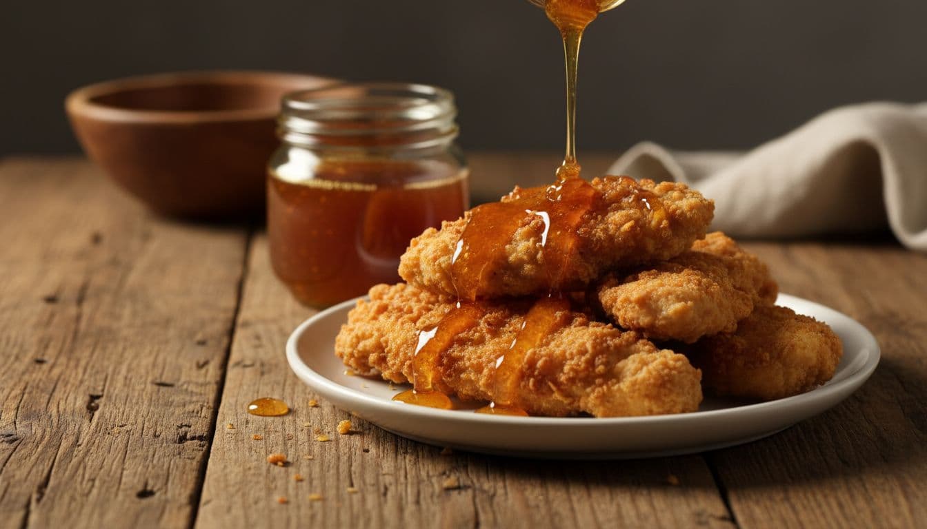 Crispy fried chicken tenders drizzled with golden hot honey sauce served on a rustic wooden table.