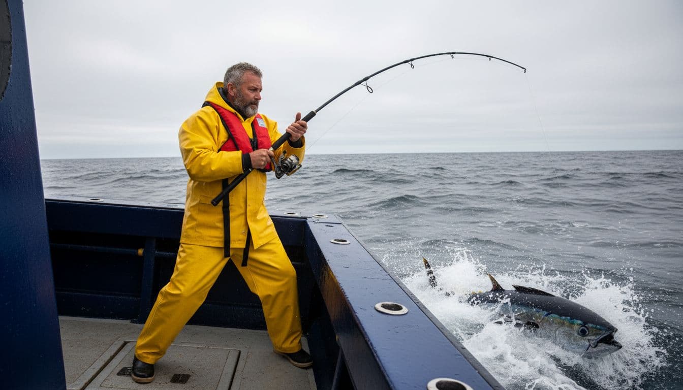 Captain in yellow rain gear reels large bluefin tuna on Hot Tuna deck at sea.