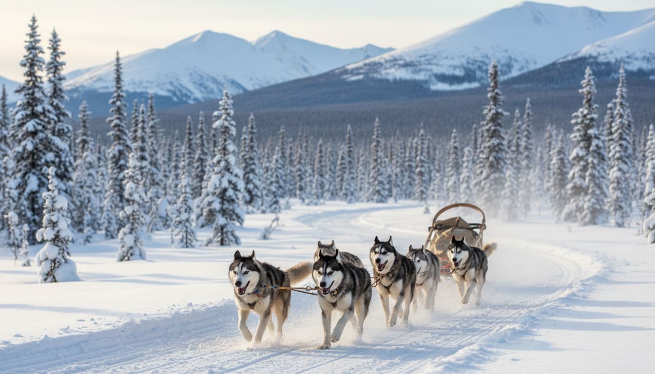Eight huskies pull a wooden sled along a snowy trail in Alaskan wilderness with boreal forest and mountains behind.