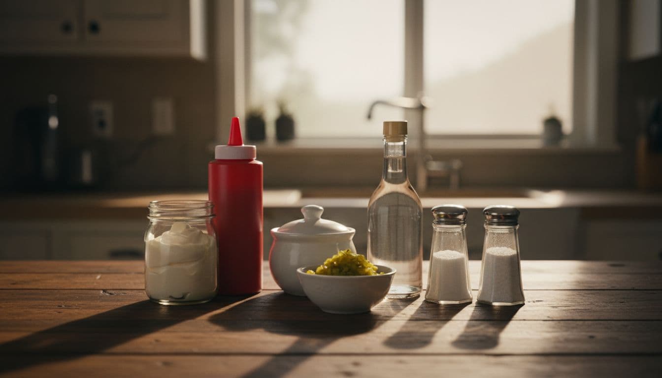 Fresh ingredients for homemade In-N-Out spread recipe arranged neatly on a wooden kitchen counter, including mayonnaise, ketchup, pickle relish, sugar, vinegar, and salt. Cinematic overhead shot with dramatic warm lighting and blurred kitchen background.