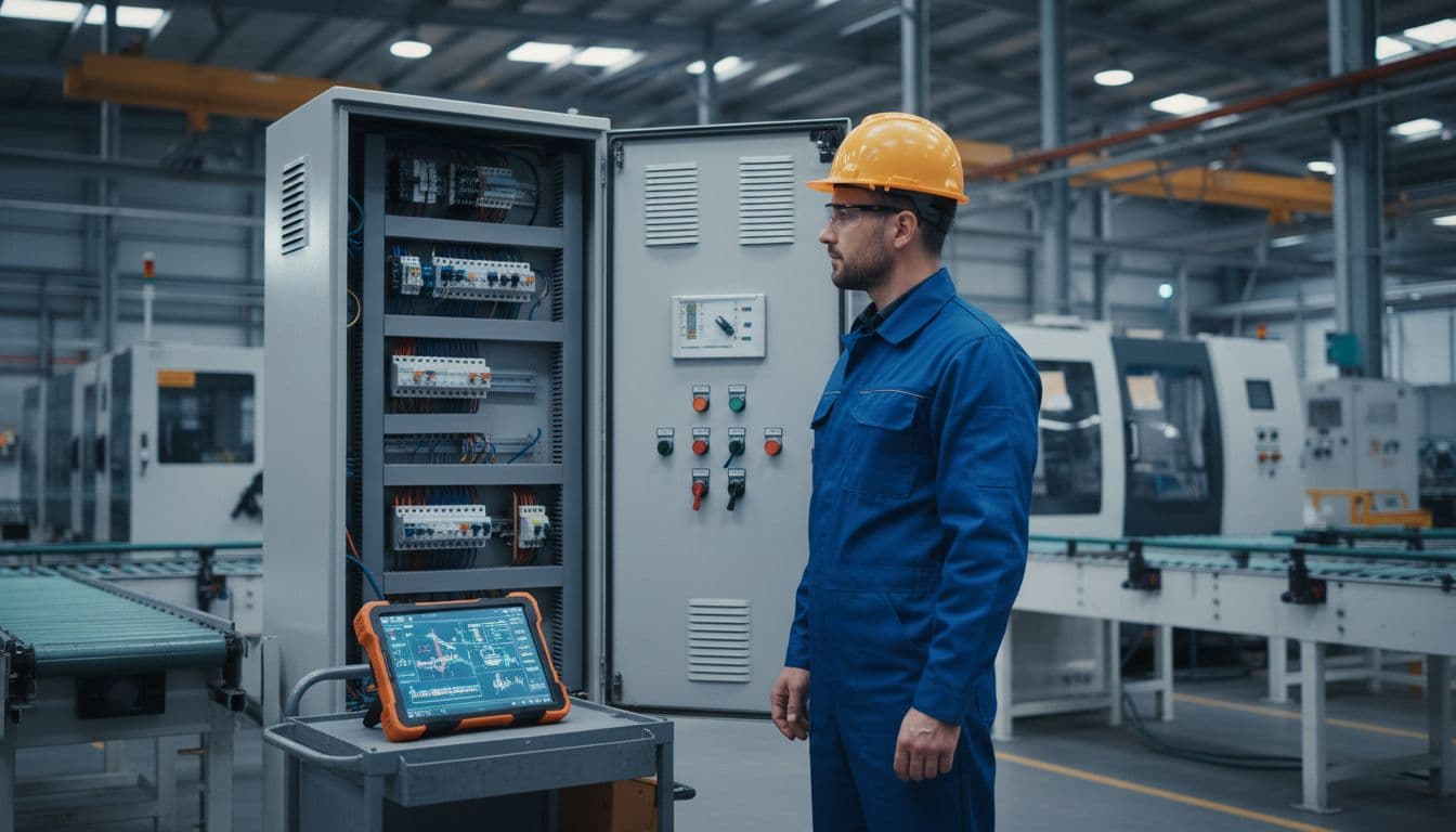 An industrial electrician troubleshoots an electrical panel with an AI diagnostic tablet nearby in a factory setting, featuring machinery in the background, wide workspace view under soft industrial lighting, photorealistic style with exactly one person.