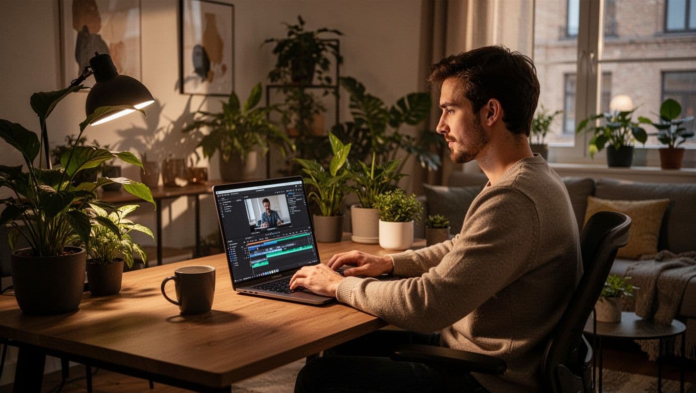 Social media influencer relaxes at home office desk editing video on laptop, with coffee mug nearby in modern cozy room featuring plants, decor, and dramatic window light with strong contrasts.