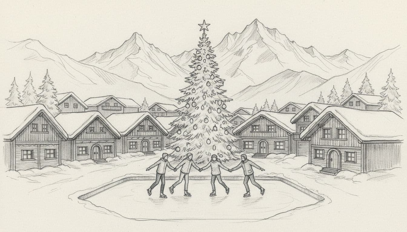 Hand-drawn graphite sketch of a cozy alpine village in Innsbruck with snow-covered chalets, a Christmas tree in the square, mountains in the background, and exactly four people skating on a small foreground rink, in soft winter daylight on light gray paper.