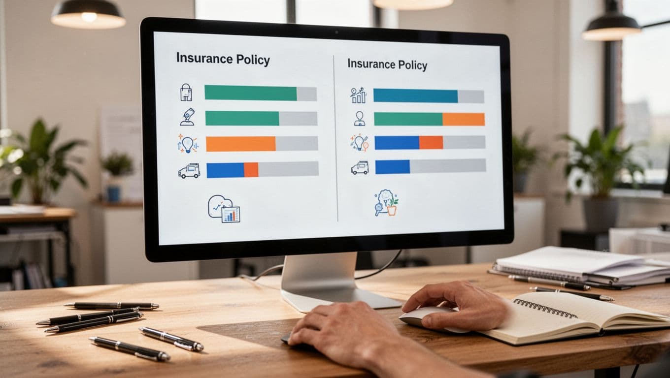 Large monitor in bright office shows side-by-side insurance charts with bars and icons on wooden desk, hand on mouse.