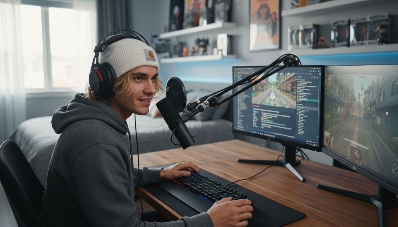 Young man in early 20s with blonde hair and brown eyes wears white Carhartt beanie and casual hoodie, sitting focused at gaming desk with monitors, microphone, and headset in modern bedroom setup with natural window light.