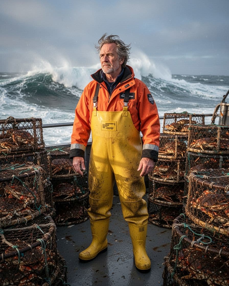 Middle-aged rugged fisherman captain Josh Harris in orange survival suit and yellow rubber bib pants stands confidently on the crab boat deck surrounded by stacked pots with icy Bering Sea waves in the background.