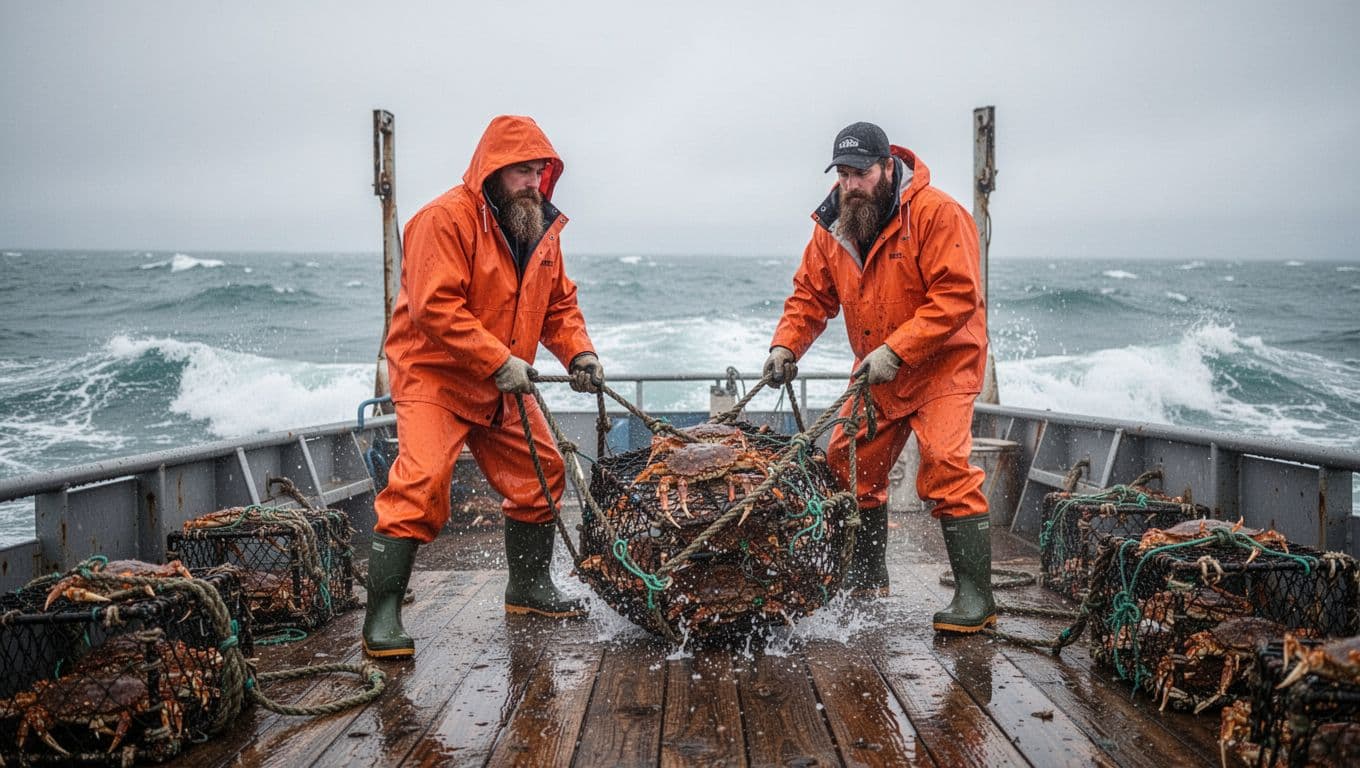 Two brothers on the deck of a crab fishing boat in Alaskan waters, pulling heavy crab pots from the sea, wearing orange rain gear and rubber boots, with bearded faces focused on work under an overcast sky.