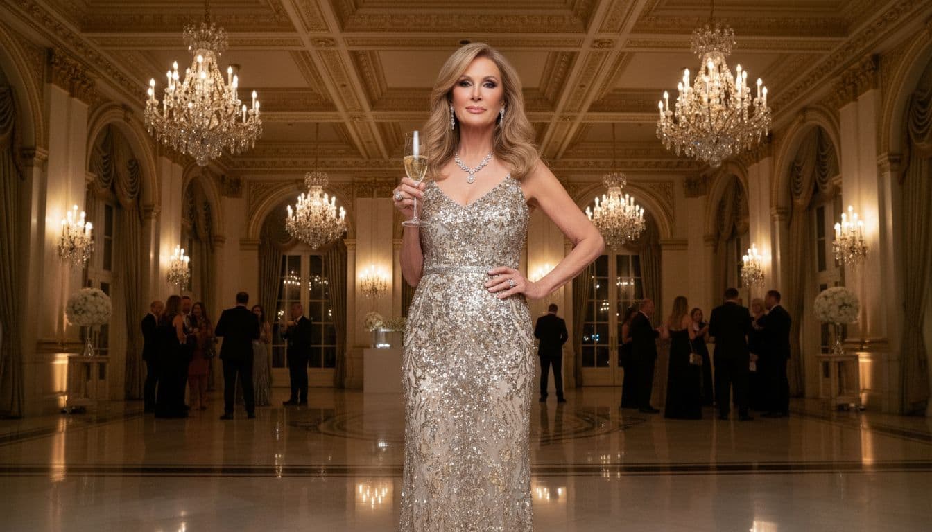 Elegant older woman resembling Kathy Hilton in a sparkling gown holds a champagne glass at a glamorous Beverly Hills party in a luxurious mansion ballroom with chandeliers.