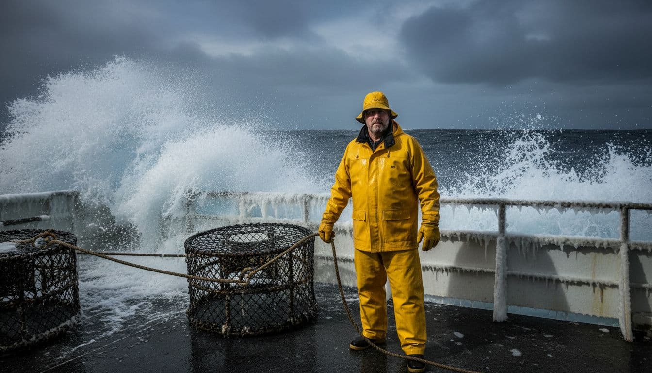Keith Colburn as rugged Deadliest Catch captain stands on his crab fishing boat deck in a Bering Sea storm, wearing yellow rain gear and holding a crab pot rope with ocean waves crashing and icy rails under dramatic overcast skies.