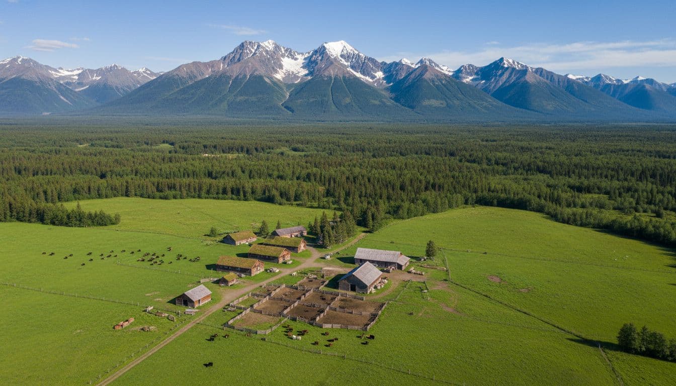 Aerial landscape of remote Alaskan homestead with wooden cabins, barns, cattle pastures, dense forests, and jagged mountains under blue sky.