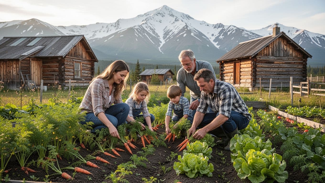 A family of four, two adults and two kids, works together in their summer vegetable garden at a log homestead in Alaska, with distant mountains and bright daylight in realistic photo style.
