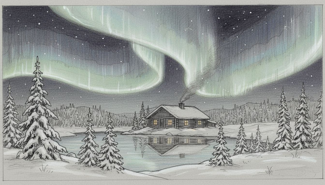 Hand-drawn graphite sketch of a snowy Lapland landscape with a warmly lit wooden cabin centered under swirling aurora borealis in a starry night sky, foreground pine trees and frozen lake on light gray paper.