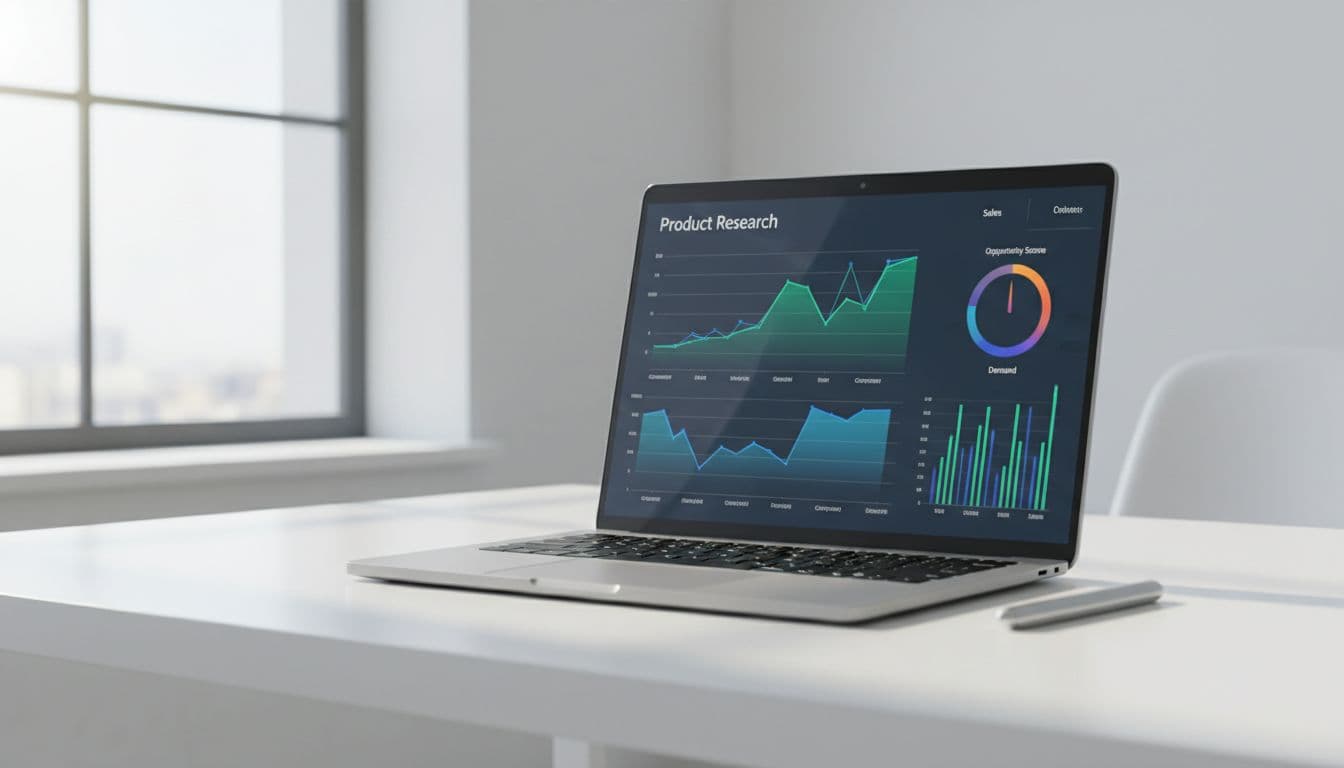 Photorealistic laptop on a clean white desk in a contemporary office, screen displaying abstract FBA product research dashboard with green and blue sales trend graphs, competitor bar charts, and opportunity score gauges. Minimalistic setup with stylus pen, soft natural lighting, sharp focus on screen elements.