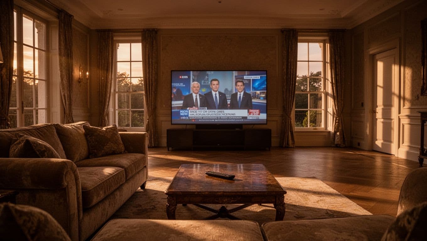 A luxurious empty living room illuminated by warm evening light, featuring a large TV screen faintly showing a news broadcast, plush sofa, and coffee table with remote in cinematic style with dramatic shadows and depth.