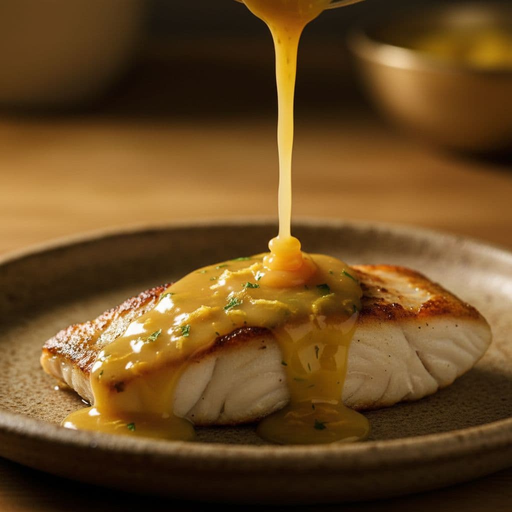 Golden lemon butter sauce cascades over a piece of perfectly seared white fish on a rustic plate.