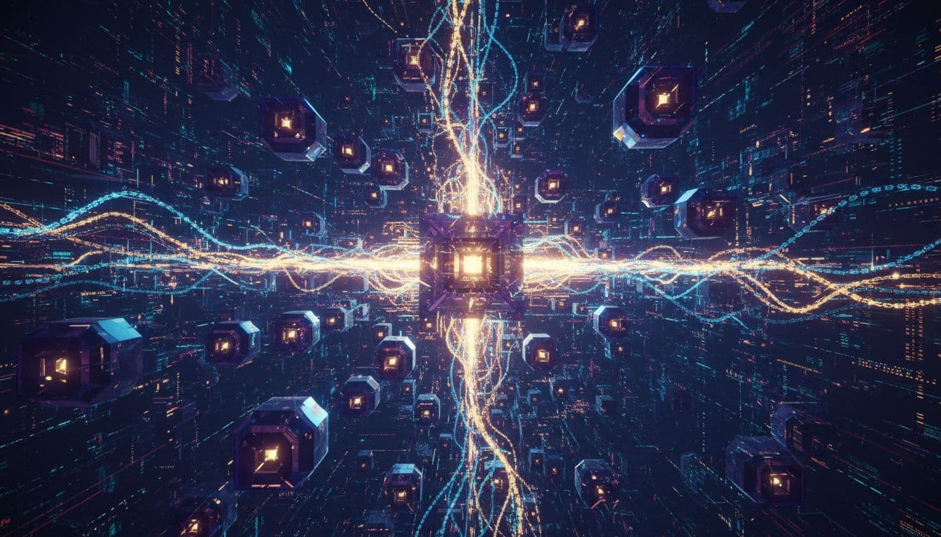 Futuristic blockchain network with glowing AI neural nodes connected by light chains and a central hub radiating energy in a vast digital space, in sci-fi cyberpunk style with neon blue, purple, and gold lighting.