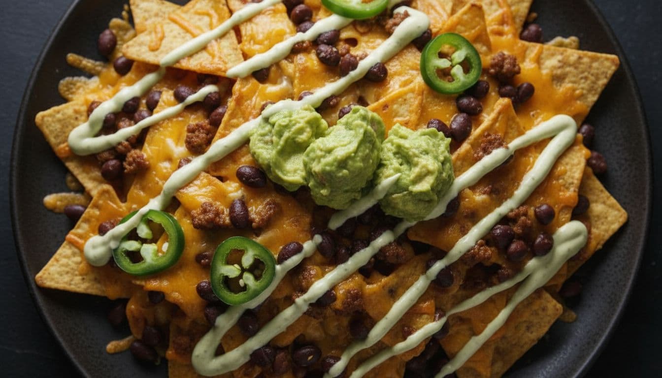 Overhead view of piled tortilla chips with melted cheese, black beans, ground beef, jalapeno sauce drizzle, jalapeno slices, and guacamole dollops on dark plate.
