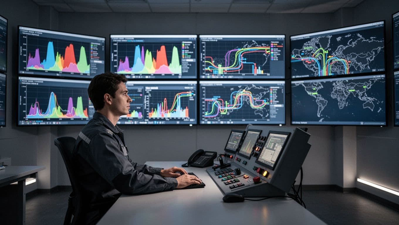 Clean logistics control room with large wall-mounted screens showing abstract graphs and maps for inventory flow, featuring one seated operator at a console under dim lighting with screen glow.