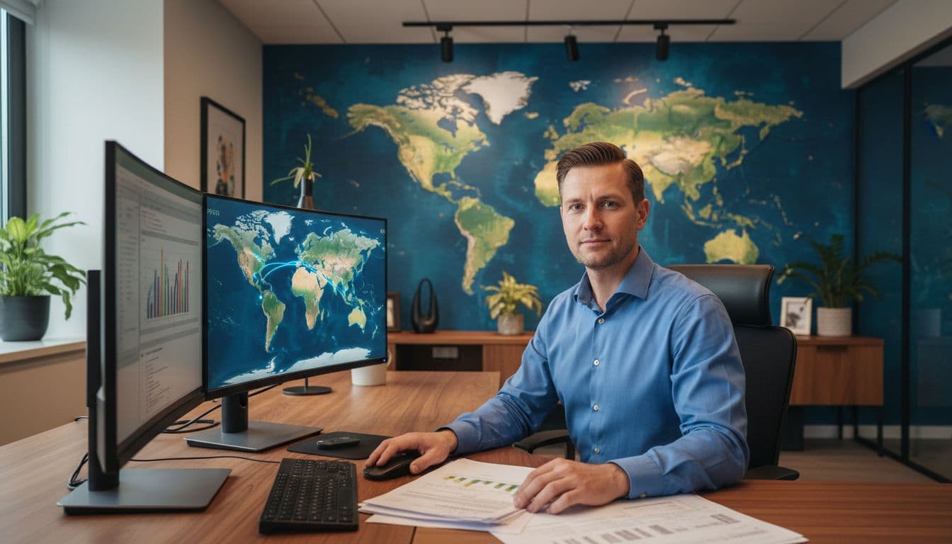 A logistics professional at a desk reviews shipping documents and a computer screen displaying a freight tracking map from China to the US in a modern office setting with a world map on the wall.