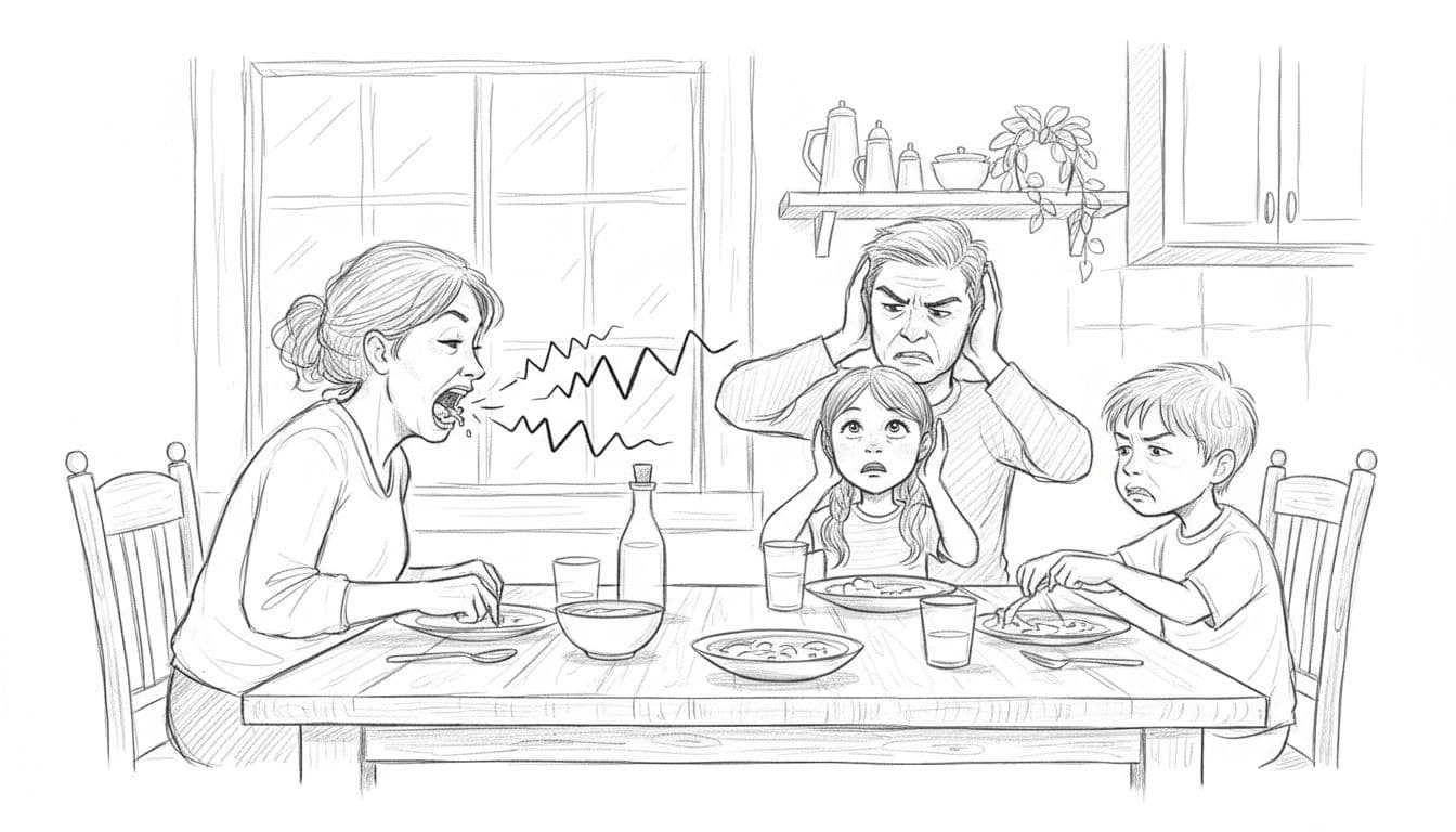 Hand-drawn graphite sketch of a family of four at a wooden dinner table in a cozy kitchen, one parent chewing loudly with mouth open, others showing annoyed faces with subtle sound lines.