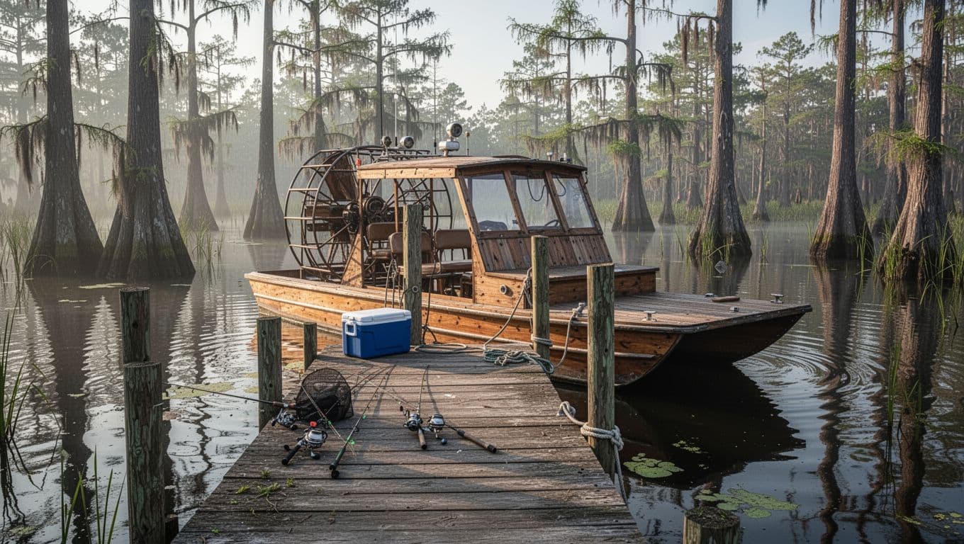 Simple Louisiana bayou dock with wooden airboat tied up, fishing gear and cooler nearby, surrounded by cypress trees and calm water in soft morning light.