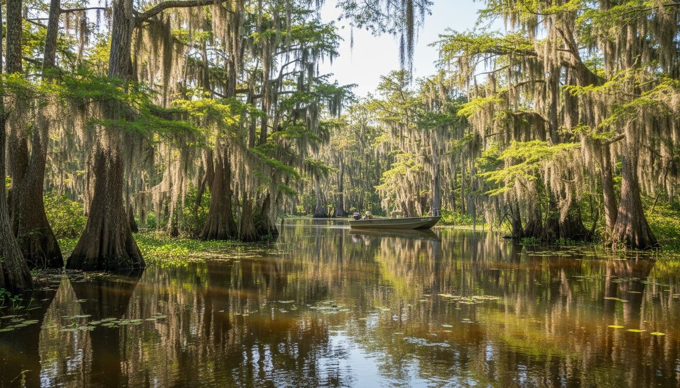 Moss-draped cypress trees rise from murky water with a small boat visible in the distance.