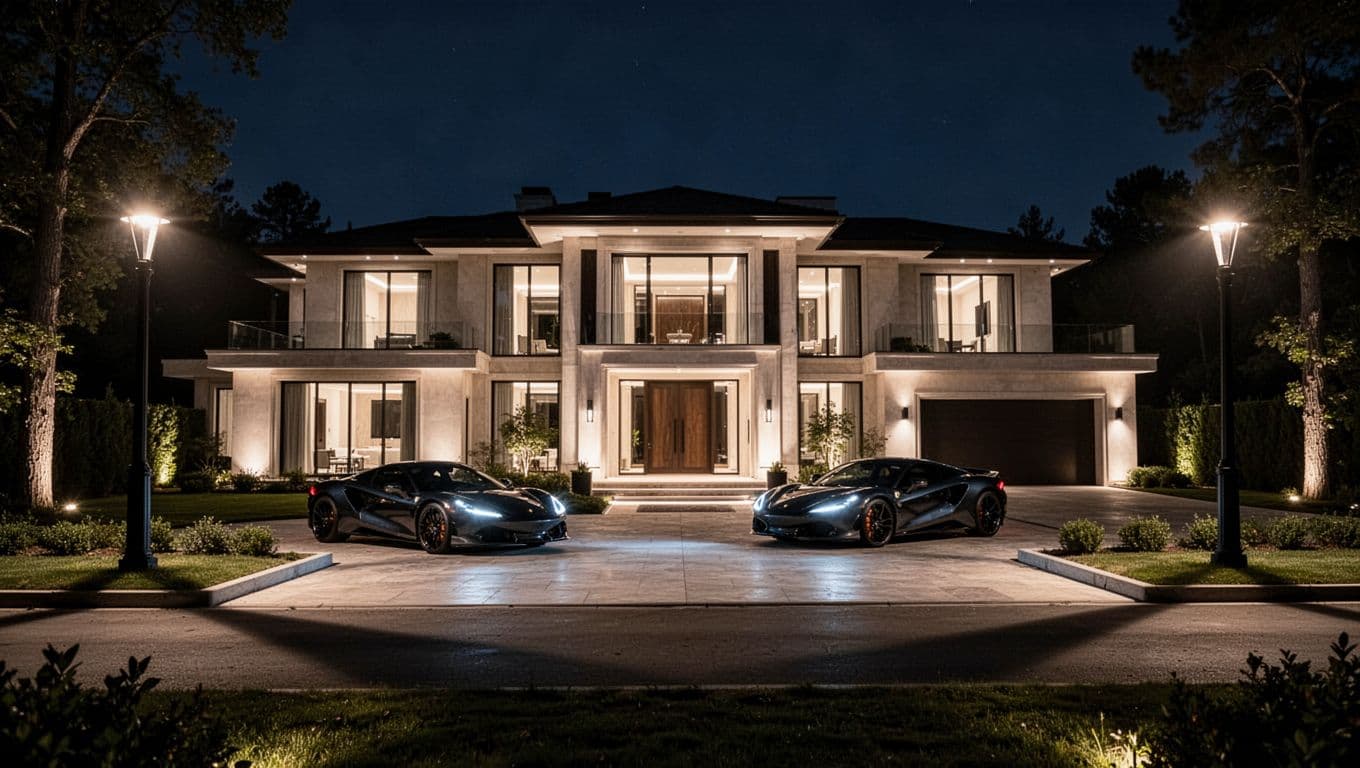 Modern luxury mansion exterior at night with luxury cars in driveway and dramatic lighting casting shadows.