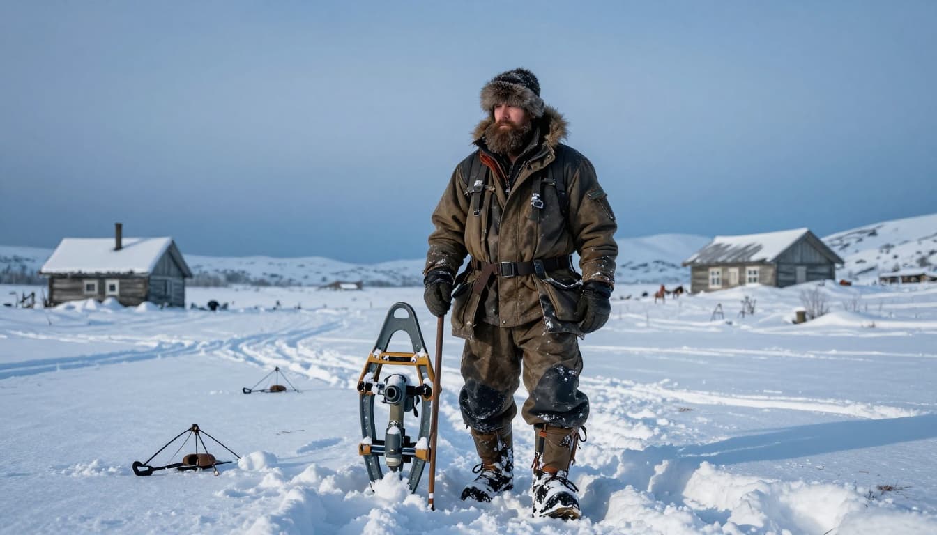 Bearded man in 60s with winter gear stands in snowy wilderness, traps and snowshoes nearby, cabin behind.