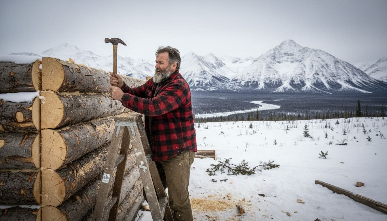 Rugged middle-aged man with beard and flannel shirt resembling Marty Raney stands on a ladder hammering logs to build a log cabin in the snowy Alaska wilderness with mountains in the background.