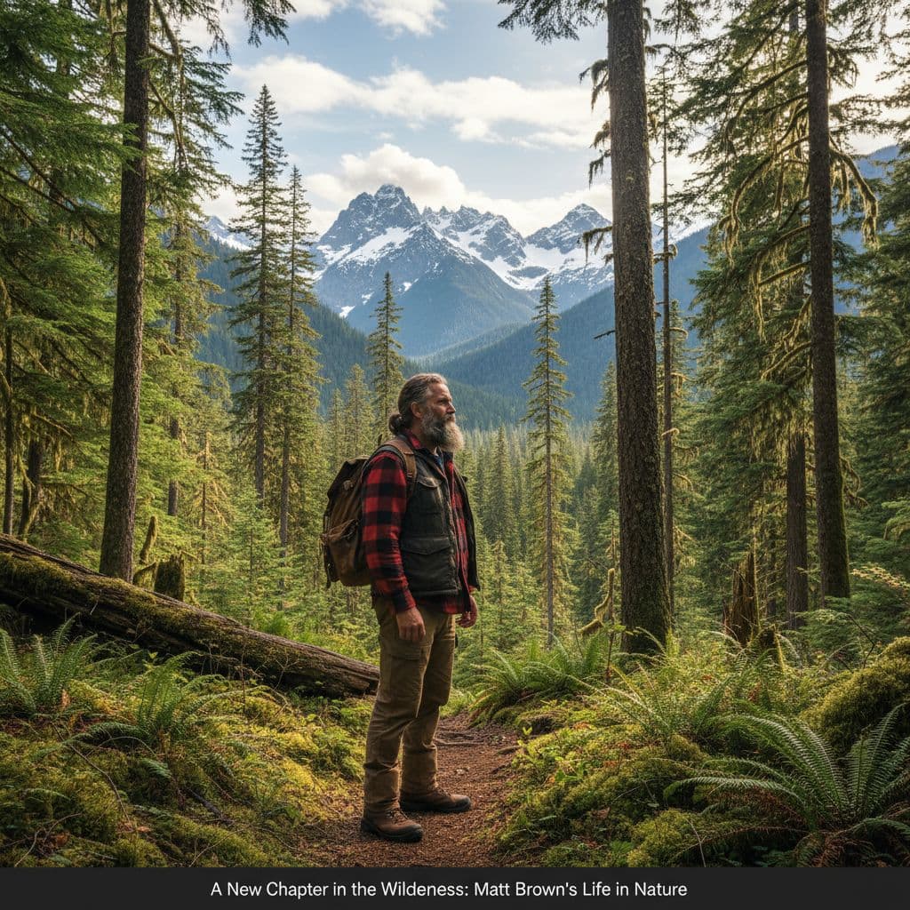 A bearded man in flannel gear looks toward distant mountains within a lush evergreen forest.