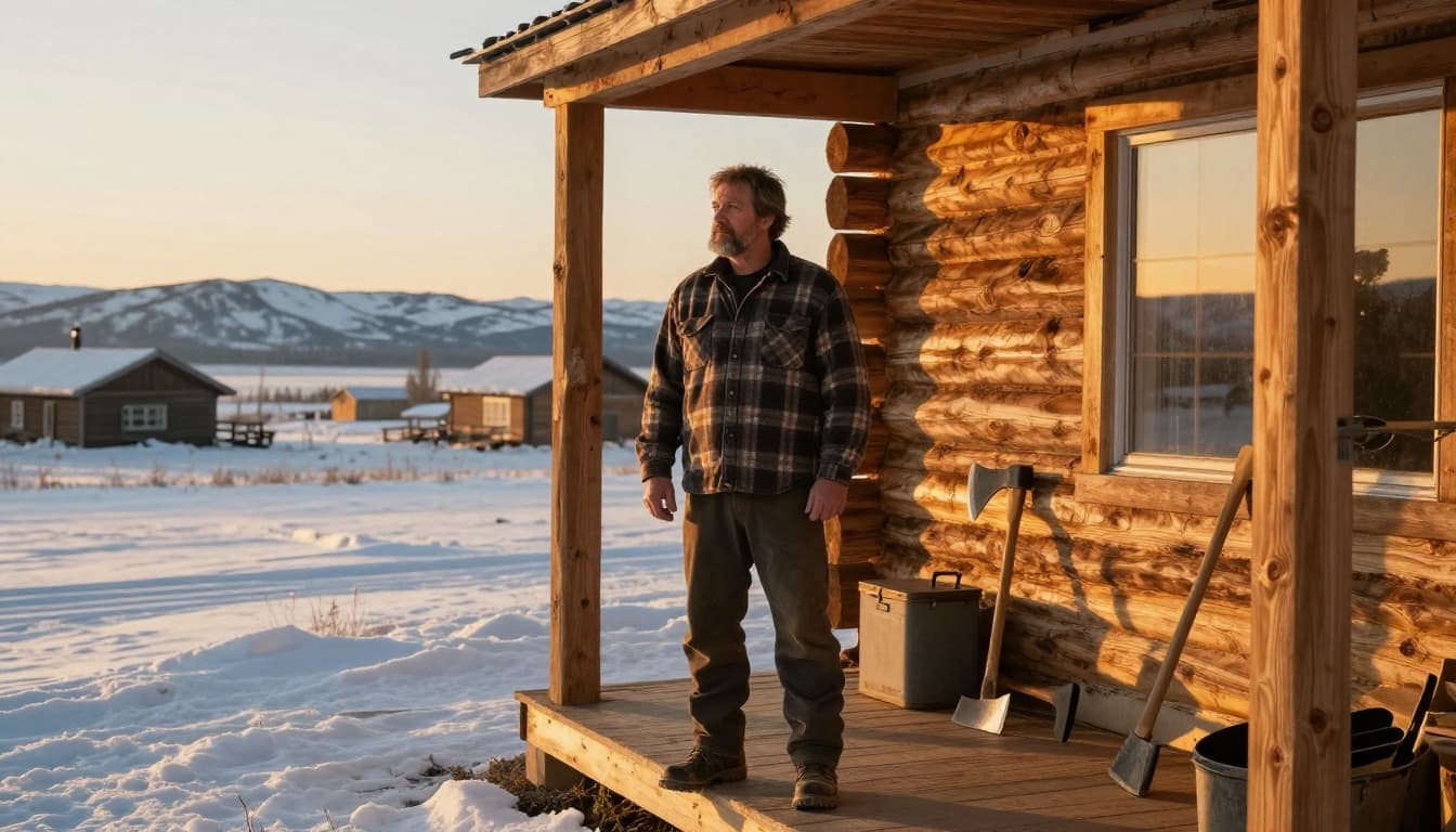 Rugged Alaskan homesteader man in his 50s with beard, wearing flannel shirt and work boots, stands in front of a log cabin homestead during golden hour sunset, with tools and axe on the porch and vast snowy wilderness with mountains in the background.