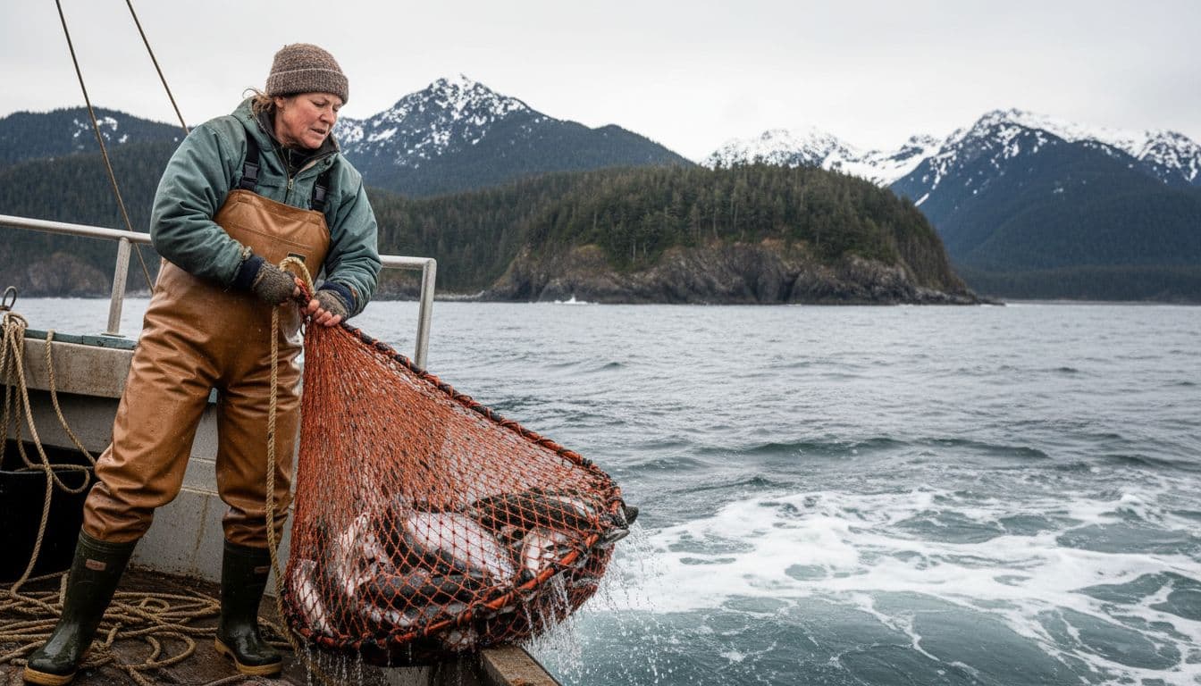 Middle-aged woman in fishing gear hauls salmon nets over boat side amid choppy waves and rugged coastline.
