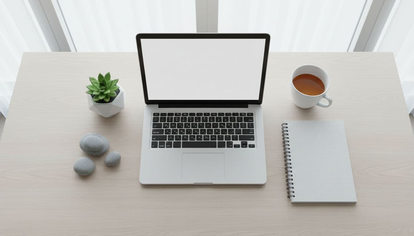 Top-down view of clean desk with laptop, notebook, and coffee mug in bright natural light.