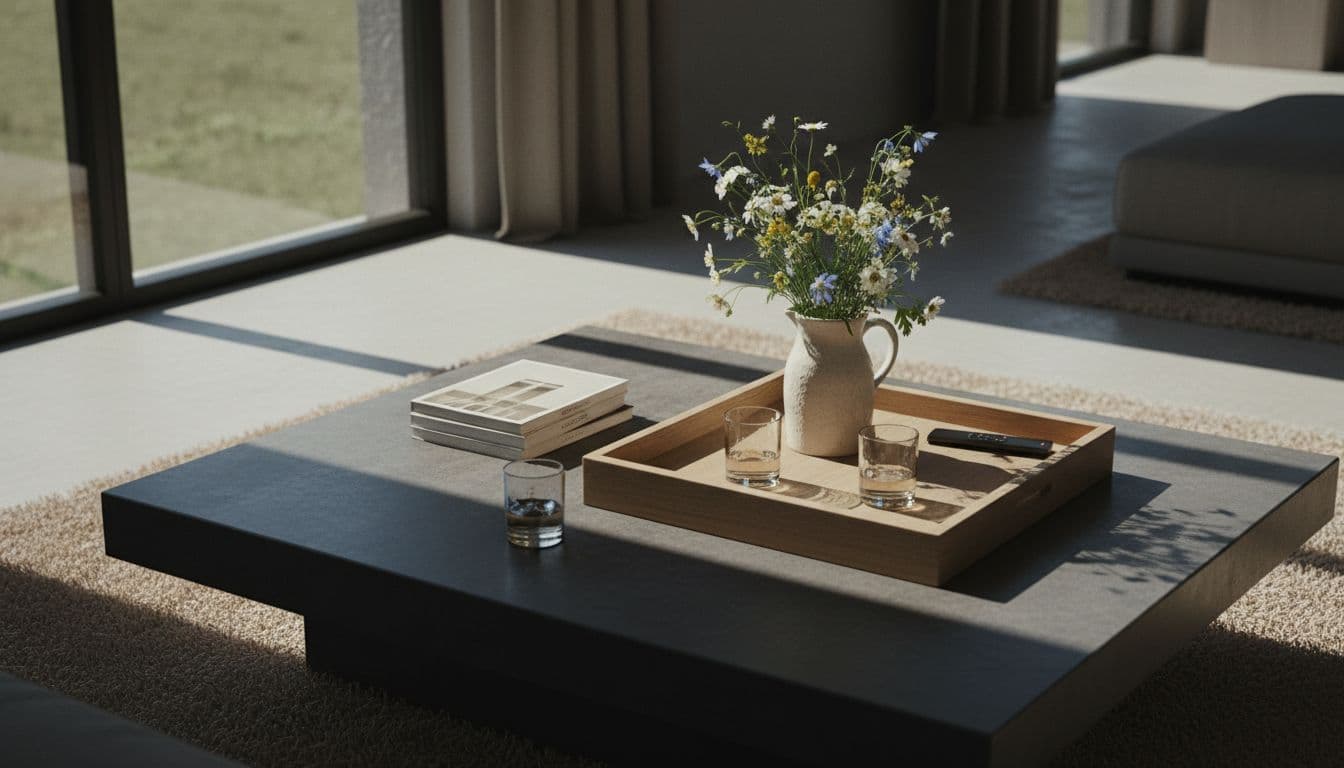 Low modern coffee table holds wooden tray with magazines, wildflower pitcher, two glasses, and remote.