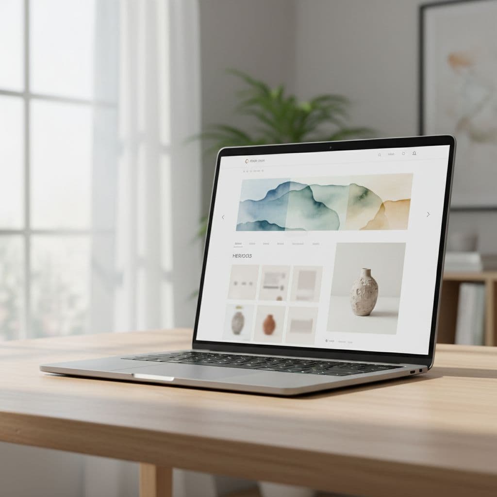 A minimalist laptop screen displays a clean e-commerce carousel design in a bright, modern office setting.
