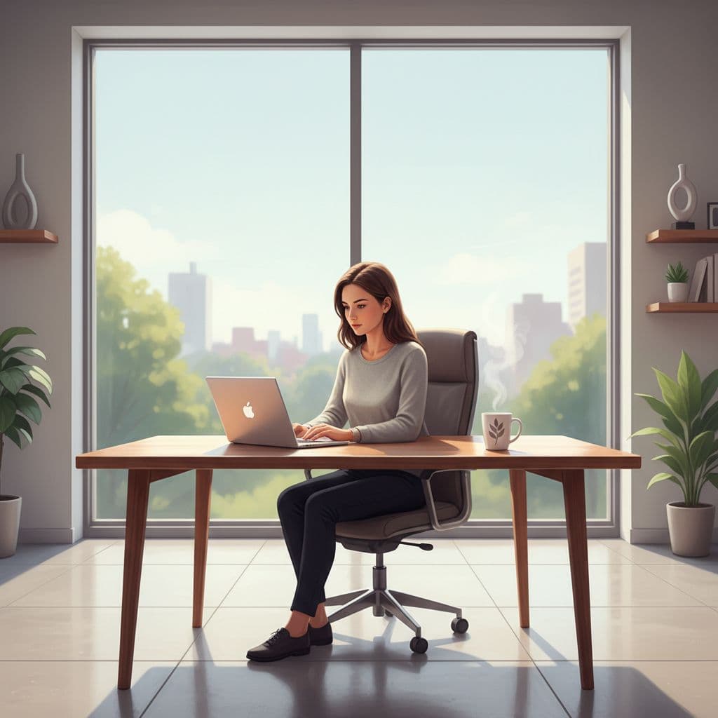 A person works on a laptop at a minimalist wooden desk with coffee.