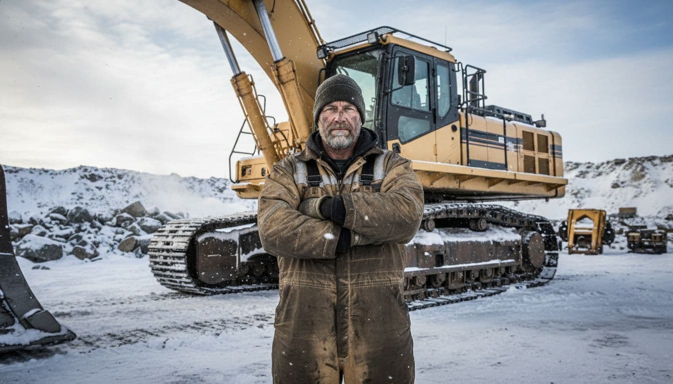 Portrait of rugged middle-aged mechanic Mitch Blaschke in dirt-covered overalls, standing confidently with arms crossed next to a large gold mining excavator at a snowy Yukon mine site in winter.