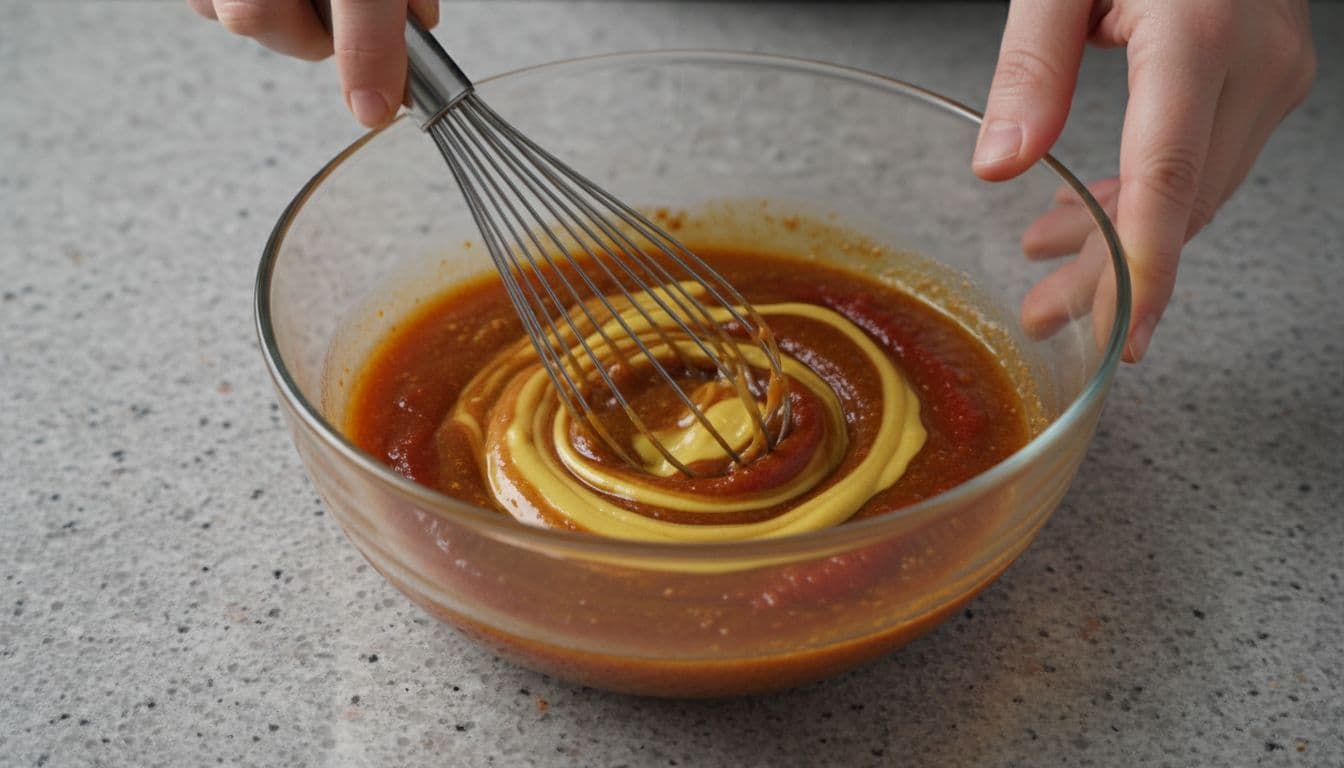 Hands whisk a mixture of honey, mustard, and tomato sauce in a clear glass bowl on granite.
