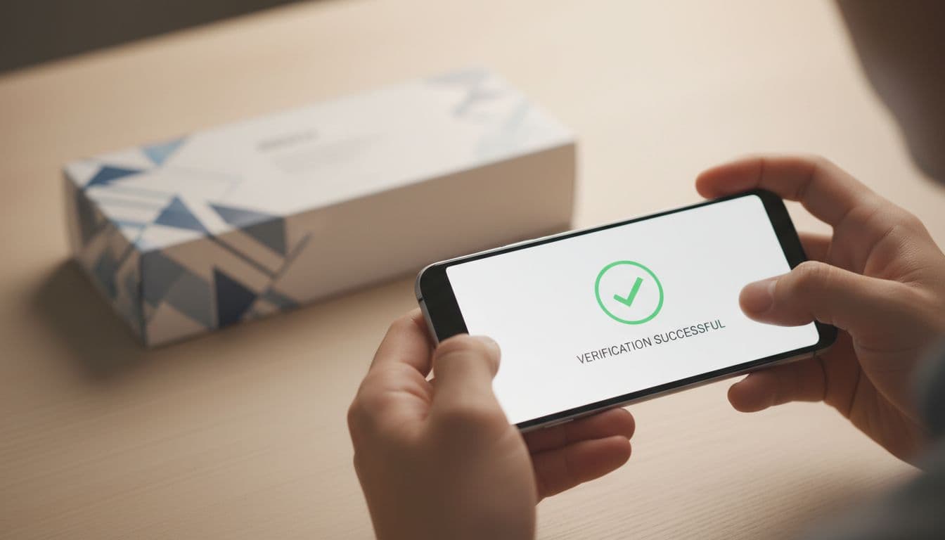 A person holds a smartphone displaying a successful verification checkmark with a product package in the background.