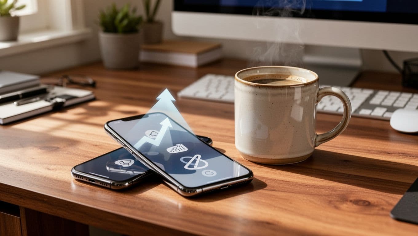 Cozy home office desk with smartphone displaying mobile repricing app showing abstract price icons and up arrow for sales growth, coffee mug nearby, realistic daytime photo with natural light, no people.
