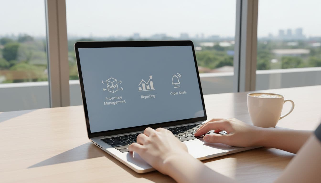 Clean modern desk setup with a laptop displaying a simplified Amazon Seller Central dashboard featuring icons for inventory management, repricing, and order alerts, soft glowing screens, one coffee mug nearby, and one person