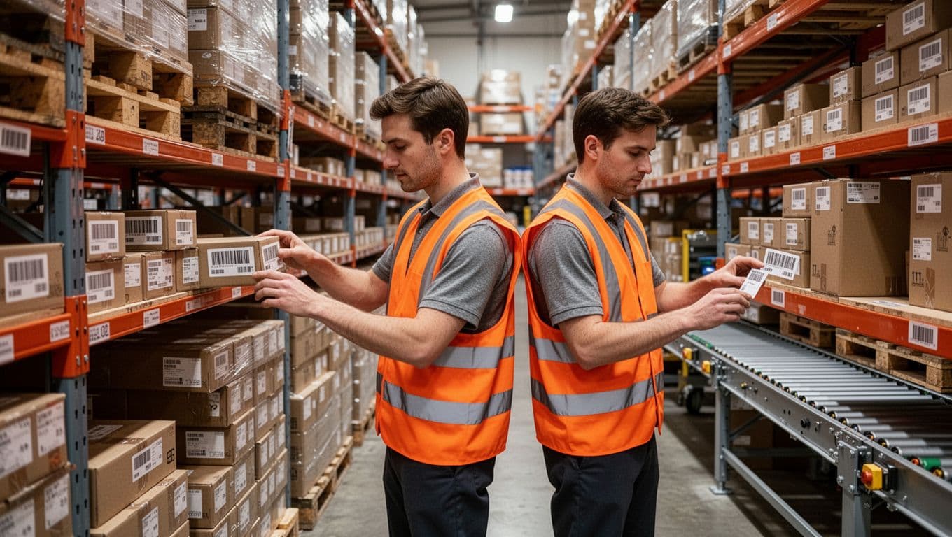 Interior of a modern Amazon FBA prep center warehouse featuring three workers in safety vests inspecting products and applying FNSKU labels to boxes on organized shelves, with neat pallets and a conveyor in the background under bright industrial lighting.
