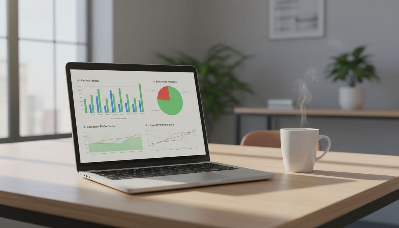 Clean modern dashboard on a laptop screen displaying Amazon FBA review analytics with bar charts for review trends, pie chart for sentiment analysis, and competitor comparison graph, positioned on an office desk with a coffee mug nearby in natural daylight lighting.