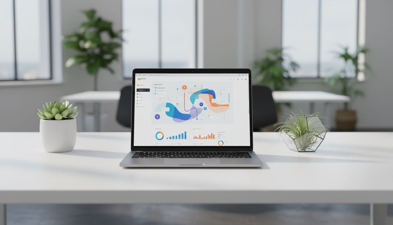 Modern laptop on office desk with plants displays abstract Amazon brand store dashboard with colorful charts.