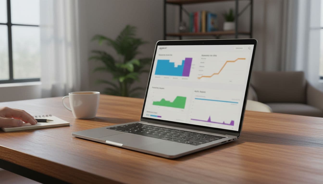 A modern laptop on a wooden desk displays a blurred Amazon PPC dashboard featuring colorful charts for ad spend, sales, ACoS, and impressions, accompanied by a coffee mug and notebook in a cozy home office with natural daylight.