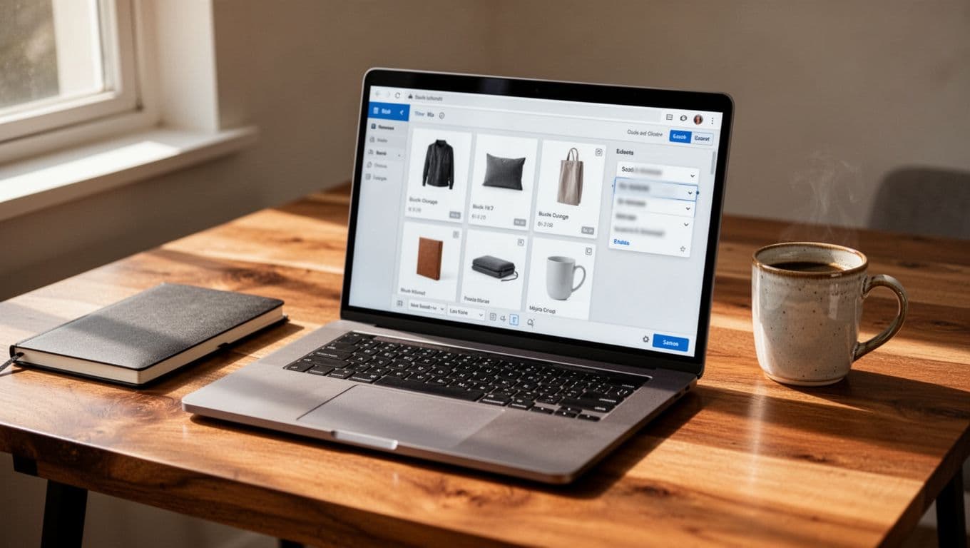 Clean modern laptop screen shows an abstract catalog dashboard with product cards in a grid, blurred variation dropdowns, and top bulk edit toolbar, placed on a wooden office desk with notebook and coffee mug under natural side light, realistic photo style.