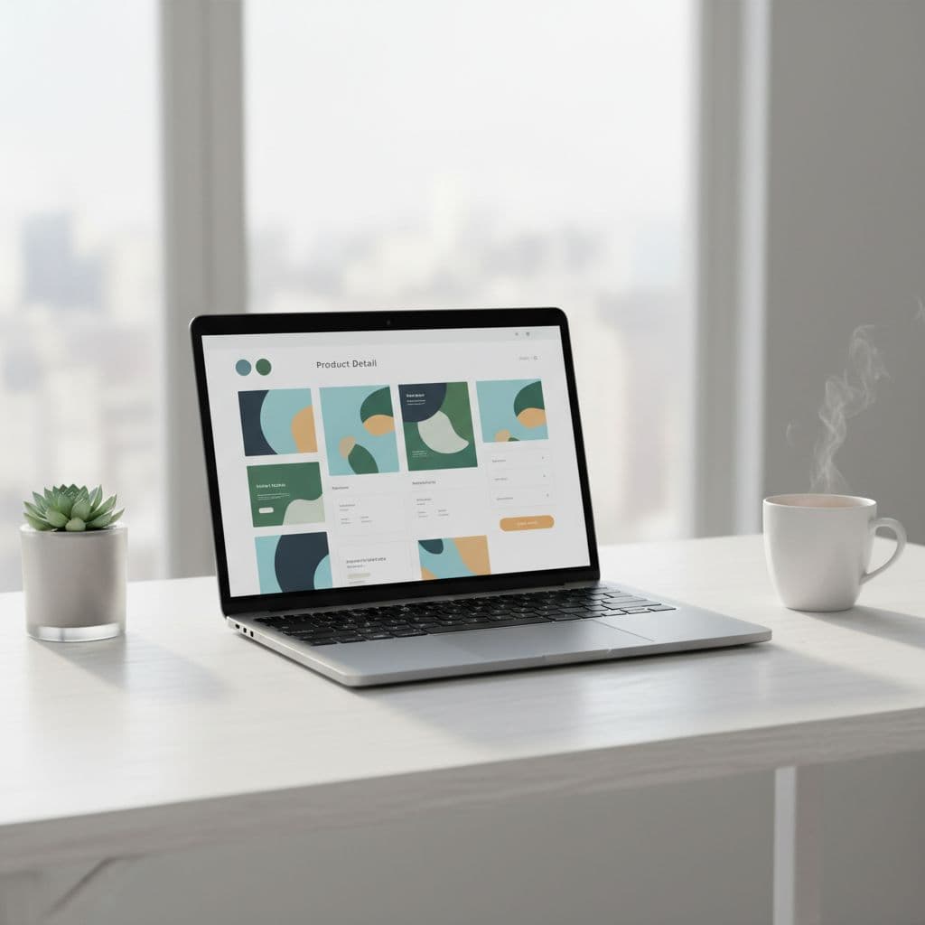A modern laptop sits on a clean desk displaying a professional product layout with natural light.