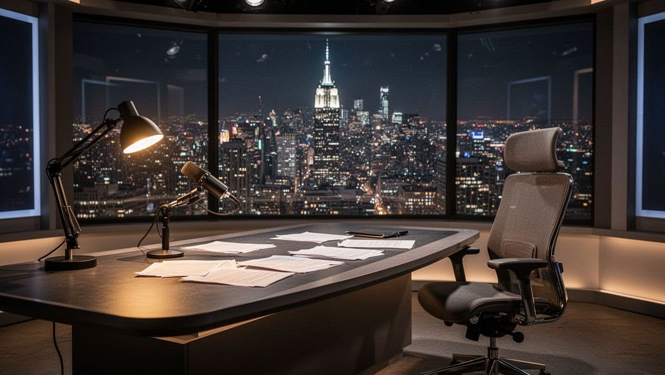 A modern TV studio desk with microphone, papers, and exactly one empty chair, viewed with a city skyline through the window at night. Cinematic style featuring strong contrast, depth, and dramatic lighting from desk lamp and window glow.
