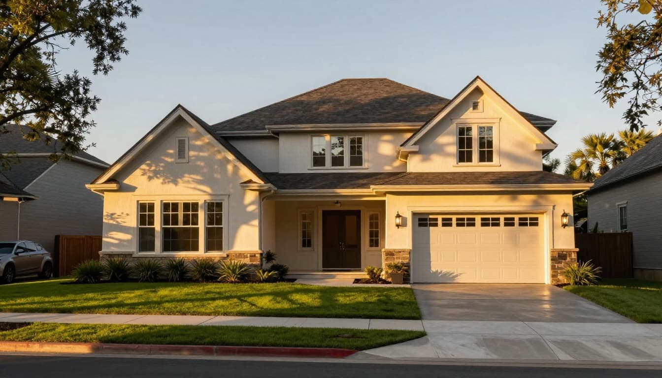 Exterior of a modern upscale house featuring a manicured lawn and driveway, illuminated by golden hour lighting with long shadows, cinematic style emphasizing strong contrast, depth, and dramatic lighting. No people, text, logos, watermarks, or cars.